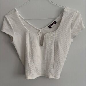 Seductions White Textured Short Sleeve V-neck Notch Crop Top Blouse Size Large